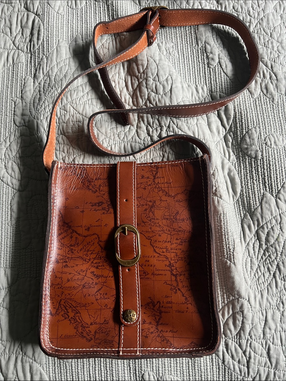 Patricia Nash Vintage look Map-Print leather Crossbody Bag in Cognac Brown